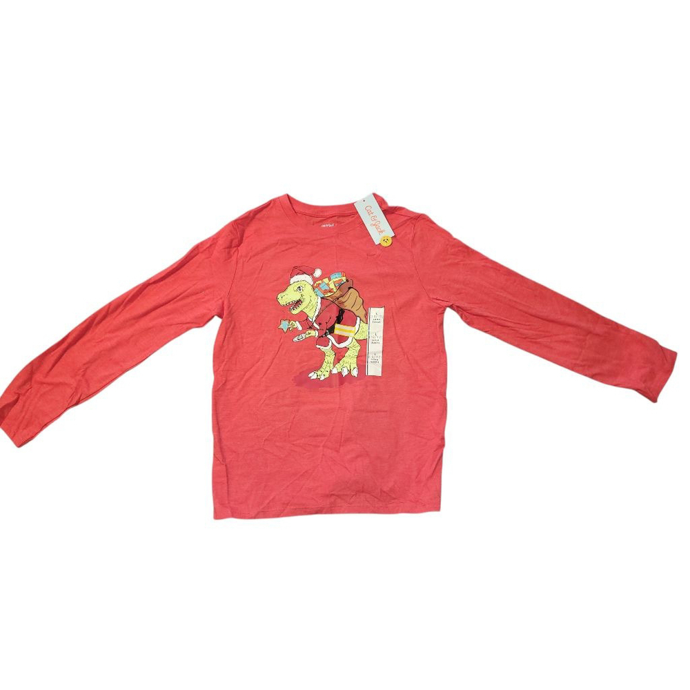 Boys Cat & Jack Red Green Christmas Dinosaur Long Sleeve Tee L (10/12)